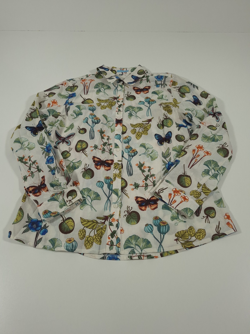 J McLaughlin Shirt Womens Large Multicolor Butterfly Floral Cotton Long Sleeve